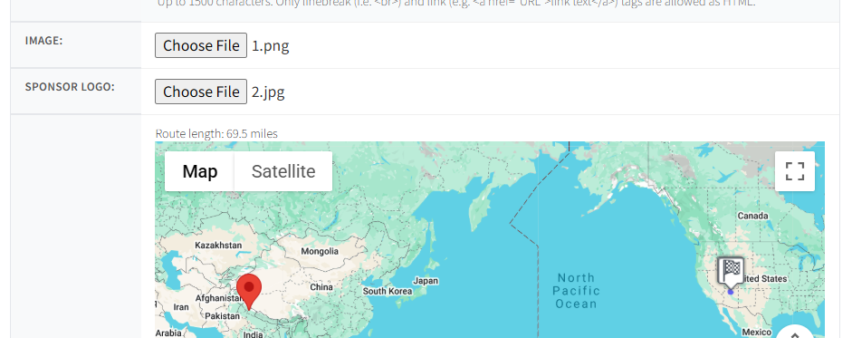 Pindrop edit form showing Enabled, Address, and file upload fields with Google Map